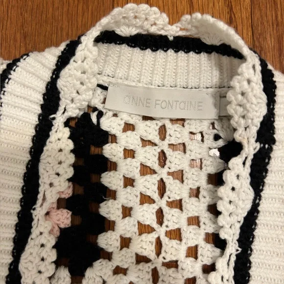 Anne Fontaine Black and Cream Crochet Cardigan Black White Pink Knit Size M